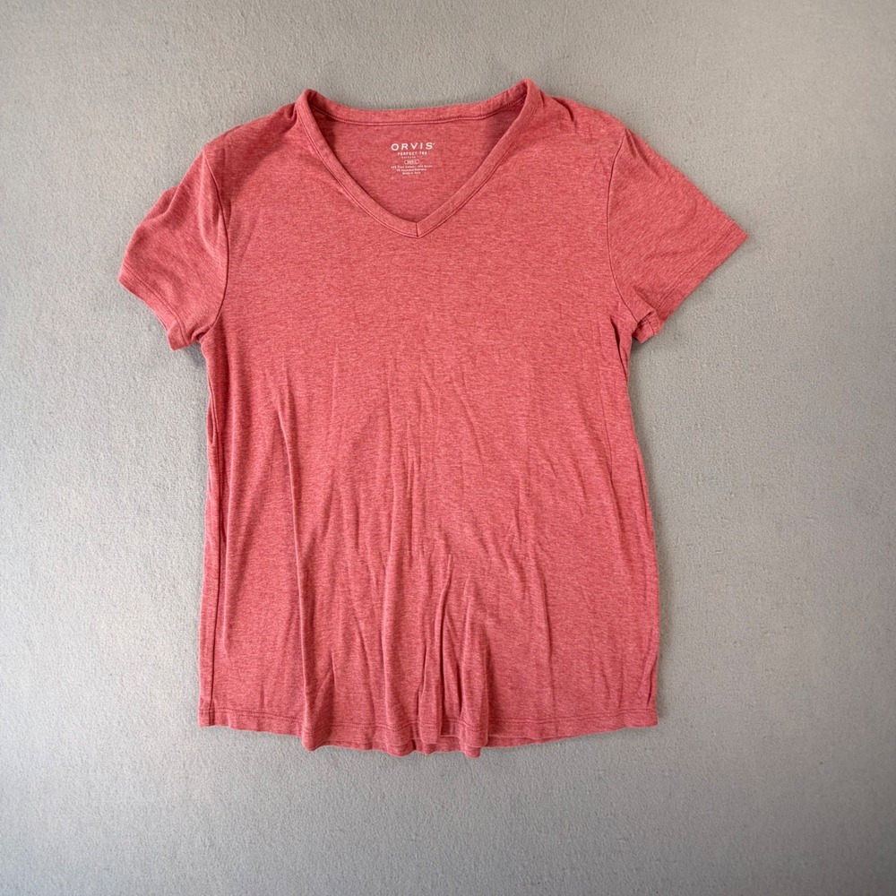 Orvis Perfect Tee Women Small Red Heather Pima Cotton Modal V-Neck Relaxed Shirt